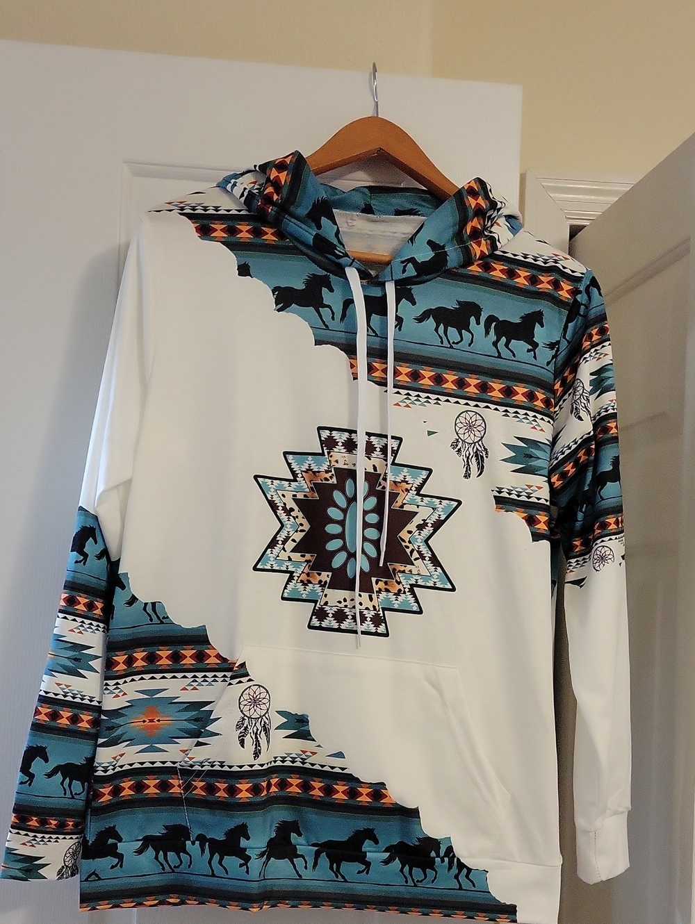 Southwest Aztec Horse Print Hoodie - Teal & Cream